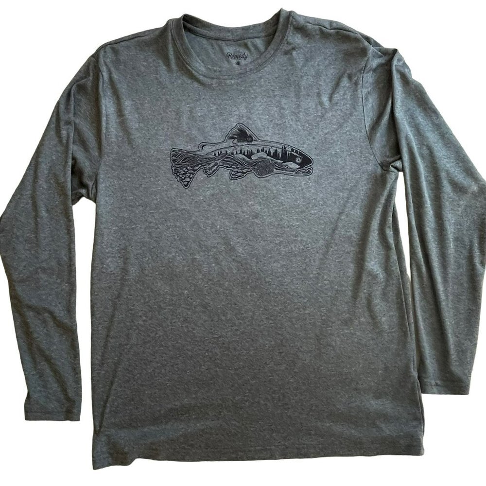 Remedy Provisions Gray Long Sleeve Fish Decal Men's Shirt Size L - Picture 5 of 7